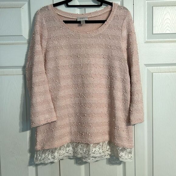 ANN TAYLOR LOFT Peach White Lace Peplum Boulce Crewneck Pullover Lightweight - Picture 1 of 6